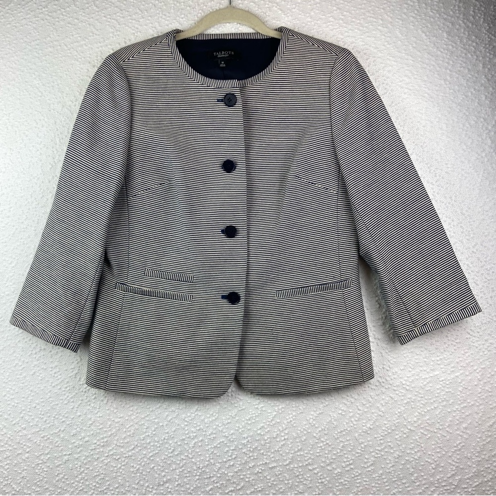 Talbots Blue and White Striped Blazer. 3/4 sleeves. Size 10.